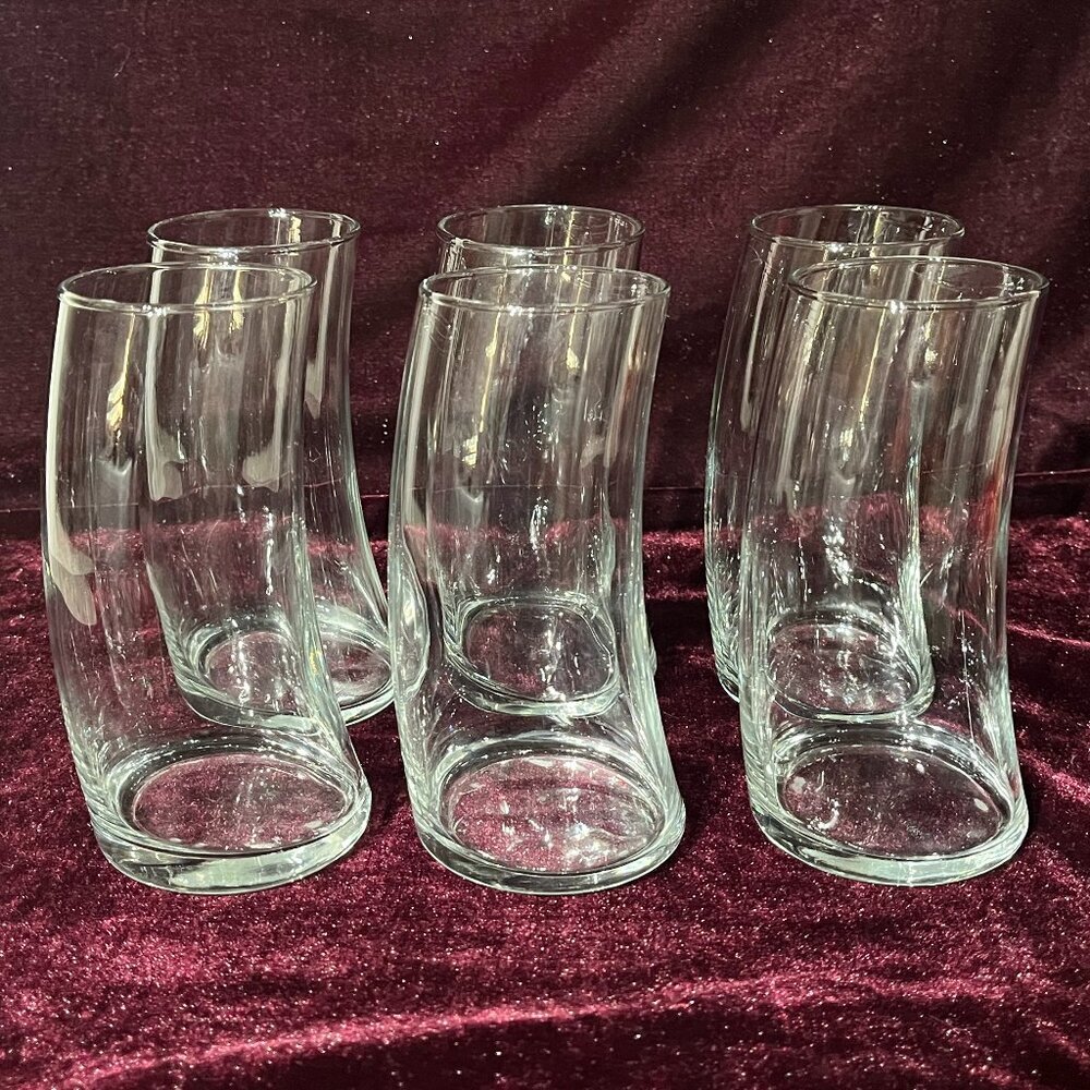 Set of 6 Libbey Bravura Swerve Tumblers Curved Modern Glass 16oz Bar Ware